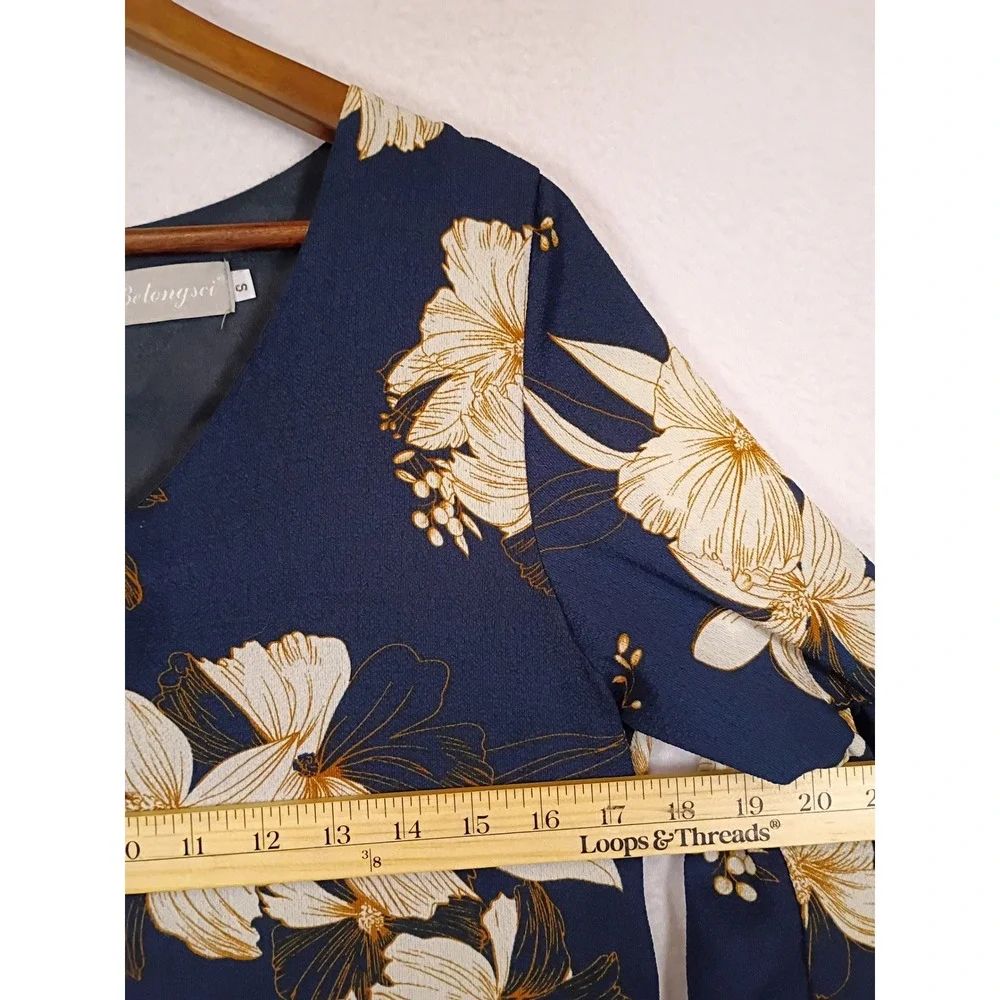 Boho Floral Belongsci Womens Small Navy Blue Tiered Bell Sleeve Shift Dress